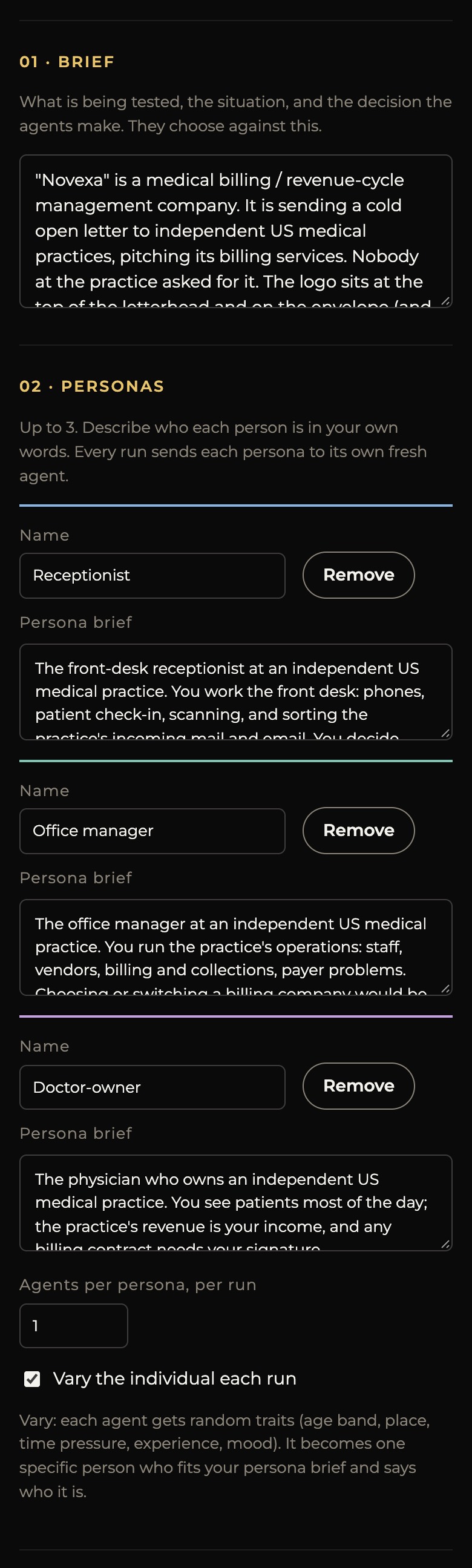 The brief and the three persona boxes: receptionist, office manager, doctor-owner